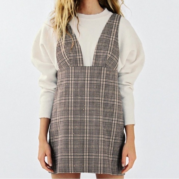 Zara Metallic Plaid Pinafore Jumper Mini Dress Academia - Picture 1 of 15